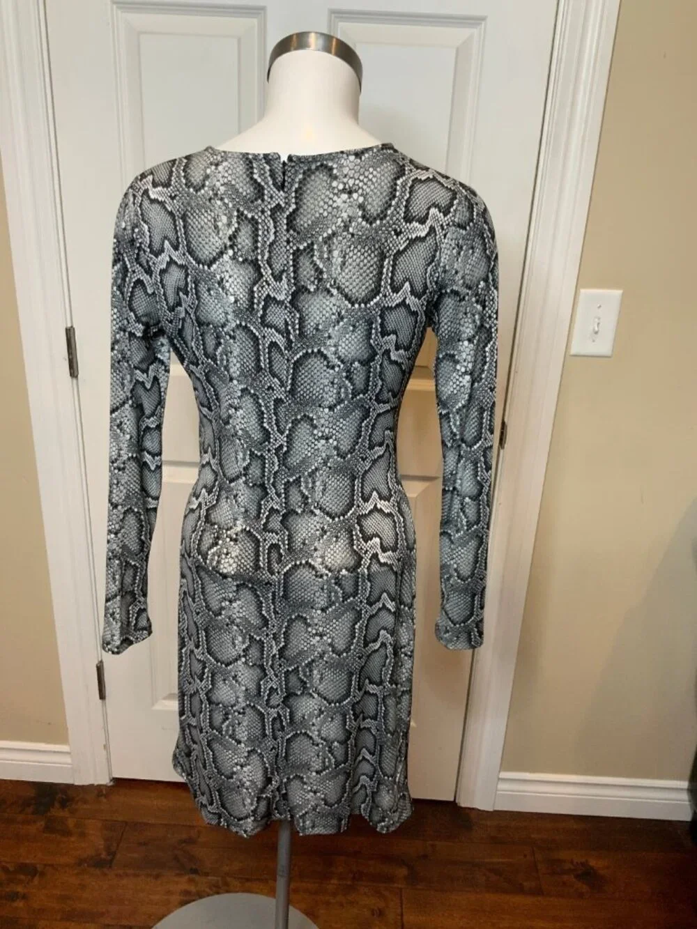 Michael Kors Black & White Snakeskin Print Faux Wrap Buckle Dress, Size S
